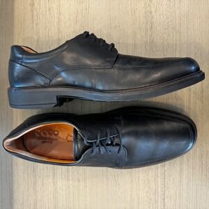 ECCO Men 10-10.5 EU 44 Black Leather Derby Lace Up Oxford Shoe Apron Toe Comfort